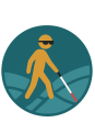 Logo for Suzette May, LLC. a stylized gold figure with sunglasses and a white cane walks across an abstract teal pathway within a circular icon.